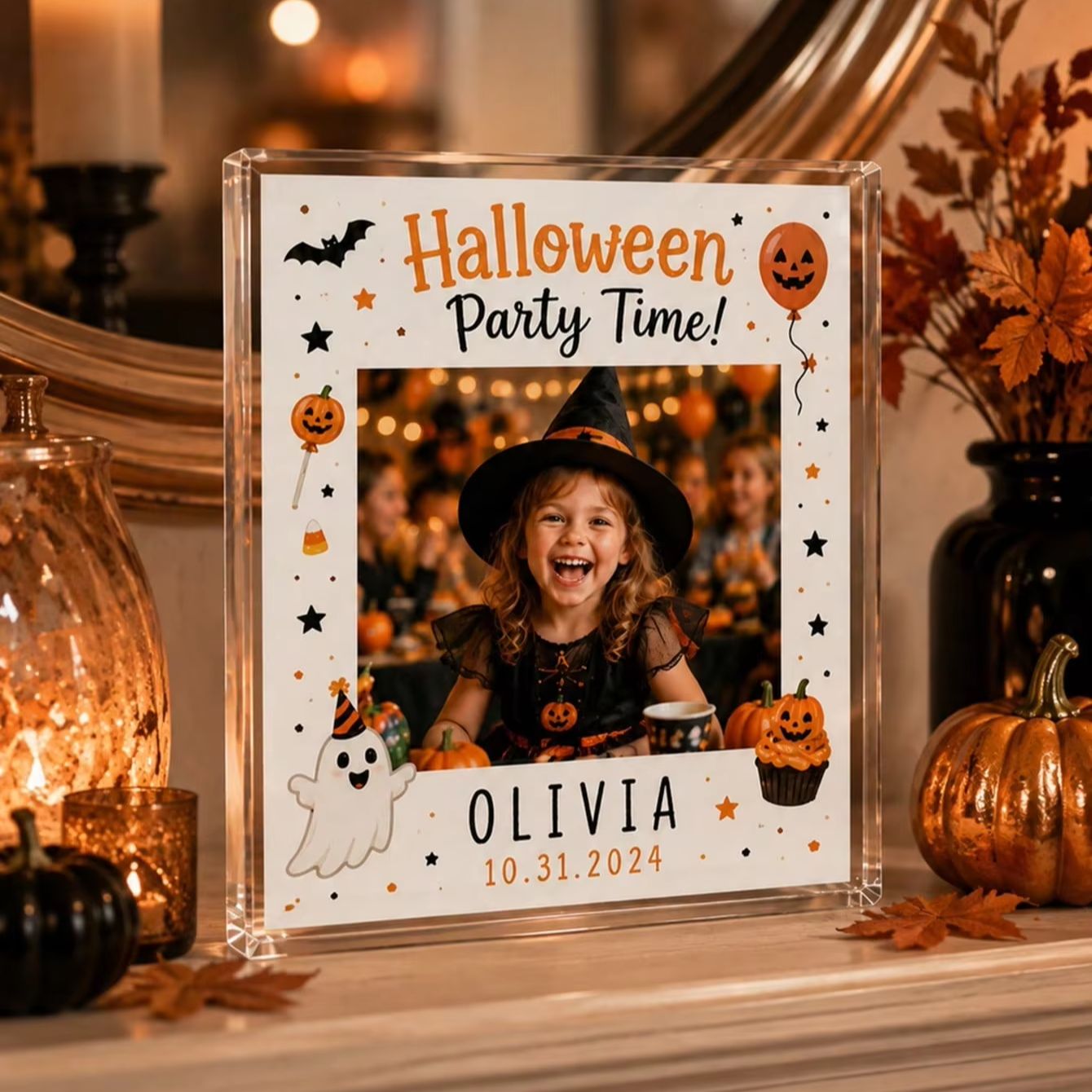 Photo Acrylic Block - カスタムハロウィンアクリルフォトブロック、パーソナライズされた子供用フォトフレーム、カスタム名前と日付入りのパンプキン型記念品、卓上ホームデコレーション