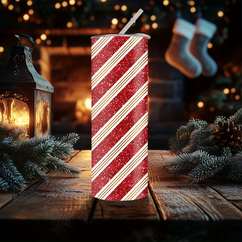 Tumbler 20Oz White - 20オンスのクリスマス用赤白斜めストライプ柄ストレートウォーターボトル、ステンレス製保温保冷タンブラー、コーヒー、牛乳、ビール、その他の飲料に適しており、クリスマスパーティーや新年の贈り物に最適、ストロー付き。