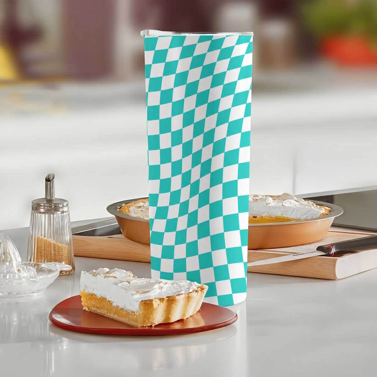 20オンス ティールとホワイトのチェック柄ウェーブ模様 ステ - Tumbler 20Oz White のレビューと価格